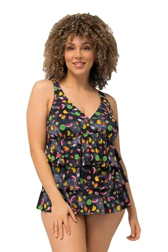Ulla Popken Plus Size Tankini mit Früchten - Tankini-Oberteil für Damen, mit Softcups und trendigen Volants, aus recyceltem Material für umweltbewusste Modebewusste.