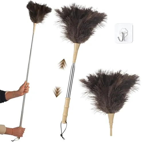 Staubwedel Straußenfedern Teleskop – Duster Ausziehbar bis 186 cm, Waschbar, Anti-Statik, Kratzfrei, Mit Griff, Für Decken, Deckenventilator,Möbel, Auto & Empfindliche Oberflächen