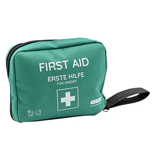 FLEXEO Erste Hilfe Set Kinder, Reiseapotheke Kinder gefüllt mit 47 Inhaltsteilen, Schere, Erste Hilfe Tasche Baby für unterwegs, Notfallset mit Fingerpuppe und Tapferkeitsstickern, Notfalltasche