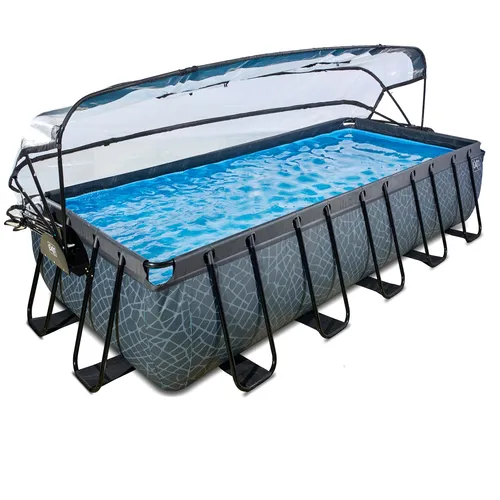 EXIT Stone Pool 540x250x100cm – Komplettset mit Sandfilterpumpe und Wärmepumpe - Swimmingpools – Rechteckiger grauer Rahmenpool mit Abdeckung, Sandfilterpumpe und Wärmepumpe für erfrischenden Badespaß im Garten.
