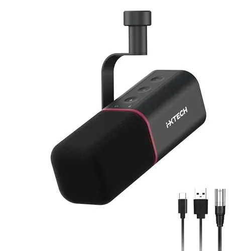 IXTECH Dynamisches Mikrofon mit Nierencharakteristik RGB Gesangsmikrofon USB XLR Studiomikrofon Software Stummschalttaste Microphone für Podcasting Streaming Aufnahme Gaming und Voice-Over Schwarz