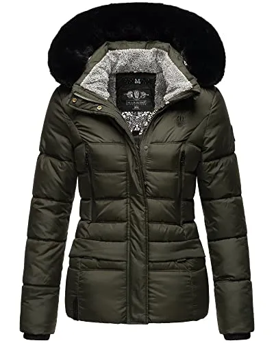 MARIKOO Damen Winter Steppjacke Loveleen mit Teddyfell (Olive, XS) - Stylische und warme Steppjacke »LOVELEEN« von MARIKOO, ideal für kalte Tage. Mit weichem Teddyfutter, abnehmbarer Kapuze und praktischen Taschen bietet sie hohen Tragekomfort und Funktionalität.