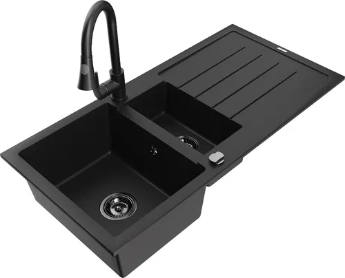 Mexen Andres 1,5-Becken-Granitspüle mit Abtropffläche und Mischbatterie Elia, Schwarz - 6515-77-670101-70-B