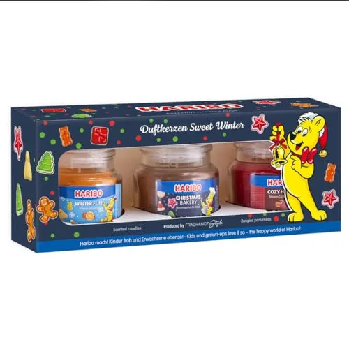 Haribo Duftkerze Sweet Winter 3er Set - 3er Set mit verführerischen Düften für eine gemütliche Atmosphäre, ideal für die Winterzeit und stimmungsvolle Abende.