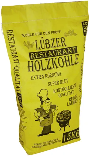 Lübzer Gastro-Holzkohle 15 kg - Holzkohle für Gastronomie und Hobbygriller, aus reinem Laubholz mit grober Körnung für perfekte Glut und geringe Rauchentwicklung.