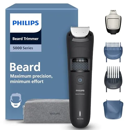 Philips Bartschneider 5000er-Serie – Präzision und Komfort für den perfekten Bart - Körperhaartrimmer mit selbstschärfenden Metallklingen, 40 Längeneinstellungen und BeardSense-Technologie für optimale Ergebnisse und einfache Reinigung.