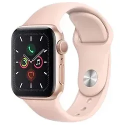 Apple Watch Series 5 40 mm Aluminiumgehäuse gold - Smartwatch mit LTPO OLED Retina Display, ideal für Fitness-Tracking und Benachrichtigungen, leicht und stylish im sandrosafarbenen Sportarmband.