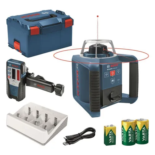 Bosch Rotationslaser GRL 300HV - Messgeräte mit 360 Grad Laser für präzise Nivellierungen bis 300m, inklusive L-BOXX und Laser-Empfänger für optimale Sichtbarkeit und Benutzerkomfort.