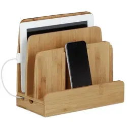 Holz Ladestation Dockingstation für Smartphones - Kabellose Qi-Ladegeräte mit 5 Fächern und 3 Ablagen, aus hochwertigem Bambus für eine stilvolle und ordentliche Aufbewahrung Ihrer Geräte.