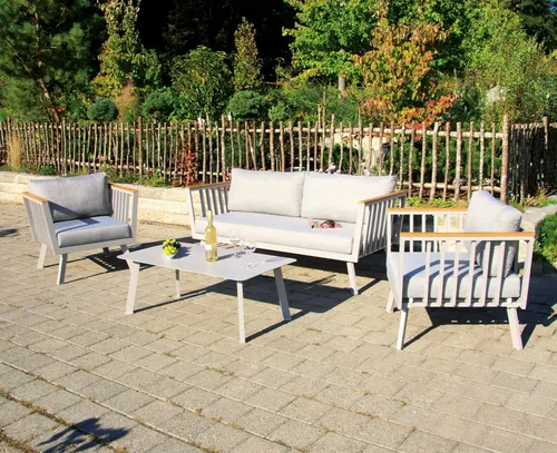 Gartenmöbelset Acamp 5-Sitzer: Tisch, Bank & 2 Sessel aus Aluminium - Loungemöbel & Sitzgruppen – Wetterfestes und stylisches Möbelset für entspannte Stunden im Garten.