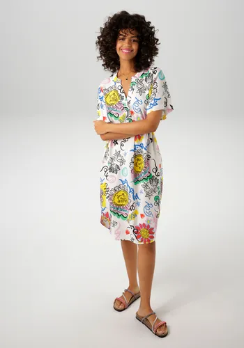 Farbenfrohes Sommerkleid mit Kunstvollem Druck - NEUE KOLLEKTION, Gr. 44 - Sommerkleider, ideal für gute Laune am Strand. Jedes Kleid ein Unikat mit dekorativem V-Ausschnitt und lässigem Schnitt aus weich fallender Viskose.