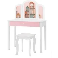 COSTWAY Kinder 2in1 Schminktisch Set mit klappbarem Spiegel - Schminktische mit dreifach klappbarem Spiegel und abnehmbarem Design, perfekt für Kinderzimmer und vielseitig als Schreibtisch nutzbar.