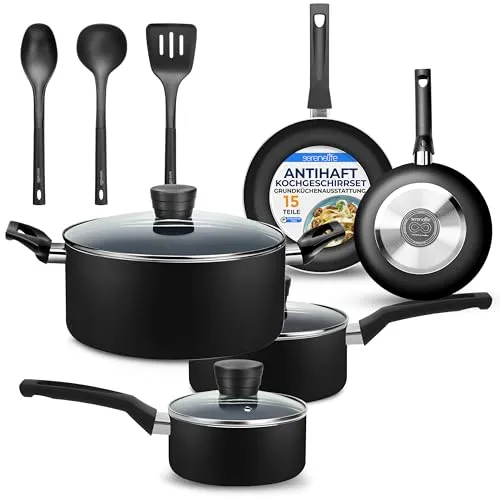 SereneLife Küchenutensilien, Basis-Topf und Pfannen, schwarze Antihaftbeschichtung im Inneren, hitzebeständige Lackierung (15-teiliges Set), eine Größe