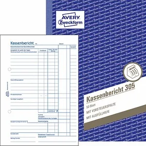 Avery Zweckform 305 Kassenbericht A5 - 50 Blatt für einfache Abrechnung - Formularbuch für Kassenberichte, ideal für den Tagesabschluss mit separater Auflistung von Einnahmen und Ausgaben. Enthält 50 Blätter, geprüft von Rechtsexperten.