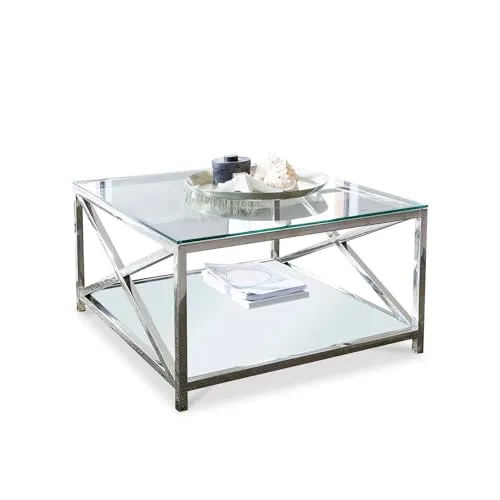 Loberon Couchtisch Stamford, edle Material-Kombi, eleganter Look, geradliniges Design, X-förmiges Gestell, Sofatisch, Edelstahl, Glas, Silber