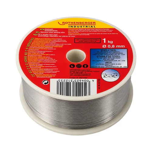 ROTHENBERGER Edelstahl-Schweißdraht 0,8 mm - 1 kg - Schweißzubehör für MIG- und MAG-Schweißen, ideal für präzise und saubere Schweißnähte mit Argon- oder Helium-Gaszufuhr.