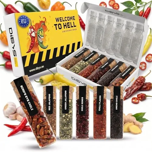DIBYS WELCOME TO HELL Scharfes Chili Geschenk-Set - 6 scharfe Gewürze inkl. Rezeptkarten - Gewürz-Set mit Chiliflocken, Ancho, Bird's Eye & Mehr - Geschenke für Kochbegeisterte