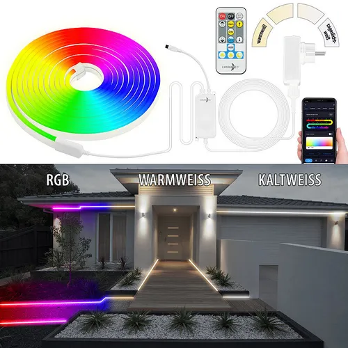 Lunartec WLAN-Neon-Schlauch mit RGBW-IC-LEDs, App, Sprachsteuerung, IP65, 5 m