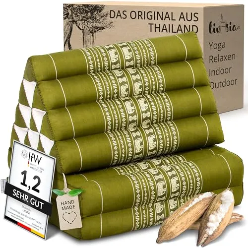 livasia Thaikissen mit 2 Auflagen - Dreieckskissen und Sitzkissen (Grün/Elefanten) - Entspanne stilvoll mit dem livasia Thaikissen! Handgefertigt aus nachhaltigem Kapok, bietet es eine flexible Liegefläche und ist ideal für Yoga, Meditation oder einfach zum Relaxen. Praktisch faltbar und perfekt für drinnen und draußen!
