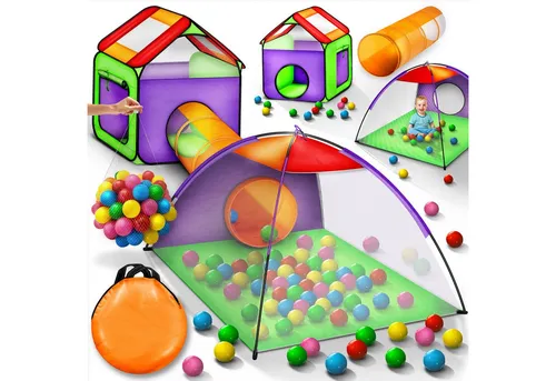 KIDUKU Spielzelt mit Bällebad und Krabbeltunnel - Spielzelt-Set für drinnen und draußen, inklusive 200 Bällen und Tragetasche. Schnell aufbaubar, mit luftdurchlässigen Netzfenstern für sichere Beaufsichtigung.