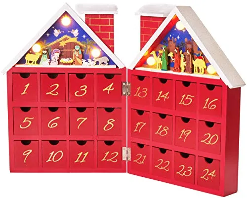 BRUBAKER Adventskalender aus Holz - Rotes Weihnachtshaus mit LED-Beleuchtung - Adventskalender aus Holz, wiederverwendbar mit individuellem Befüllungsdesign. Erleben Sie eine detailreiche Krippenszene und lassen Sie die Vorfreude auf Weihnachten erstrahlen!