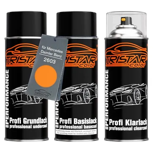 TRISTARcolor Autolack Spraydosen Set für Mercedes/Daimler Benz 2603 Tieforange/Deep-Orange Grundlack Basislack Klarlack Sprühdose 400ml