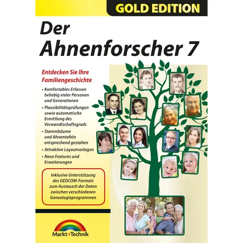 Markt+Technik Ahnenforscher 7 Gold Edition - Genealogie-Software zum Erfassen und Gestalten von Stammbäumen, automatisch ermittelte Verwandtschaftsgrade und GEDCOM-Unterstützung für den Datenaustausch.