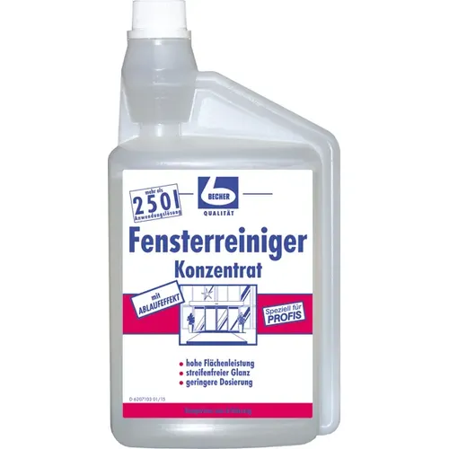 Dr. Becher Fensterreiniger Konzentrat 1 L - Haushaltsreinigungsmittel, hochwirksames Konzentrat für streifenfreie Reinigung von Glas- und Kunststoffflächen, entfernt mühelos Öl, Fett und Ruß.