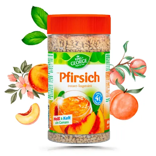 KING GEORGE Instant Tee Pfirsich - 12 x 400g Vorteilspack - Erfrischender Instant Tee mit fruchtigem Pfirsichgeschmack, ideal für schnelle Zubereitung. Ergibt bis zu 4 Liter köstliches Getränk. Perfekt für heiße und kalte Tage!