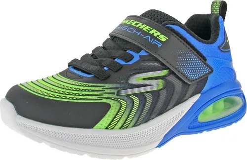 Skechers MICROSPEC MAX ADVANCE Kinder Low Sneaker VORTIVOX Schwarz Blau - Sneaker für Kinder mit strapazierfähigem Textil-Synthetik-Obermaterial, Klettverschluss für schnelles An- und Ausziehen und flexibler non-marking Laufsohle für sicheren Halt.