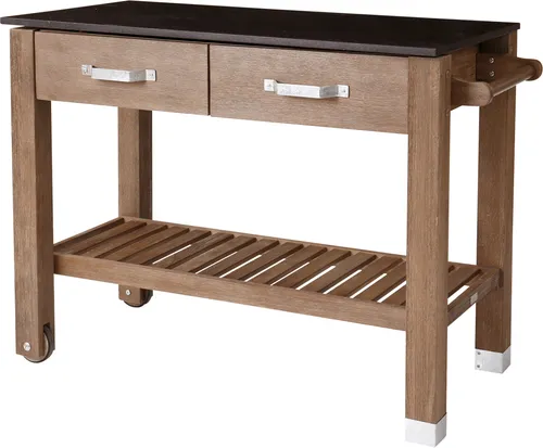 Dehner Premium Holzpflanztisch Windsor - Pflanztisch aus FSC®-zertifiziertem Akazienholz mit angenehmer Arbeitshöhe von 84 cm. Robuste Granitplatte, 2 Schubladen und fahrbar mit 2 Rollen für flexibles Arbeiten im Garten.