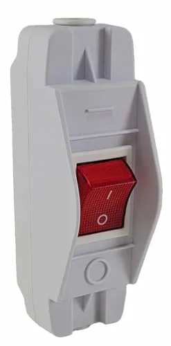 Geräte Schnurschalter weiß mit beleuchtetem Wippschalter - Robuster 2-poliger Schnurschalter mit auswechselbarem roten Wippschalter für einfache Installation und Kontrolle. Ideal zur sicheren Trennung von Geräten vom Stromnetz, um Energieverbrauch zu vermeiden.
