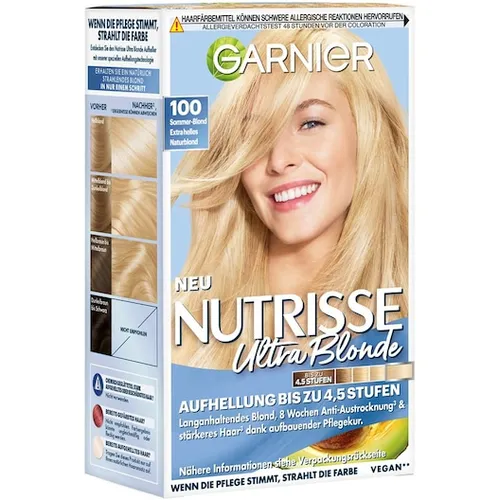 Garnier Nutrisse Creme Nr. 100 Extra Helles Naturblond - Haarfarbe mit 100% Grauabdeckung, angereichert mit nährenden Fruchtölen für geschmeidiges, glänzendes Haar. Ideal für eine einfache Anwendung und langanhaltende Farbe.