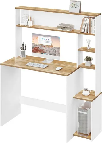 EUGAD Schreibtisch mit Regal - Weiß/Braun - Computermöbel mit 5-stufigem Bücherregal für optimalen Stauraum und eine große Arbeitsfläche (90x45 cm), ideal für Home Office oder Wohnräume.