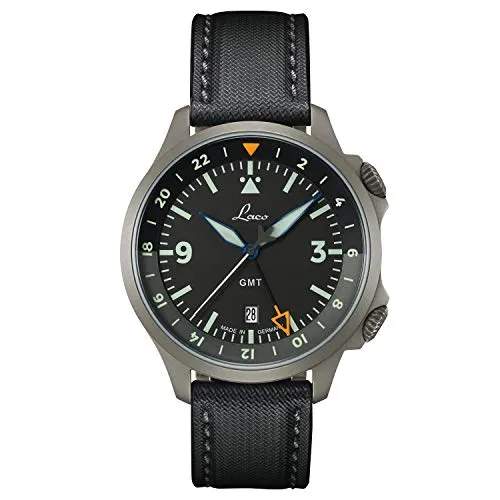 Laco Sondermodell Fliegeruhr Frankfurt GMT Schwarz Made in Germany – 43 mm Ø hochwertige Automatikuhr – Einzigartige Qualität. Herausragende Verarbeitung – 20 ATM wasserdicht – seit 1925