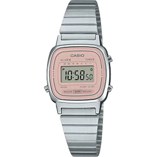 Casio Vintage Damen Digital Quarz Edelstahl Armbanduhr LA670 - Elegante Damen-Armbanduhr mit digitaler Anzeige, hochwertigem Edelstahl und einem zarten rosa Zifferblatt – der perfekte Begleiter für jeden Anlass.