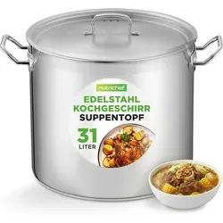 NutriChef Edelstahl Kochtopf 33,1L Induktion – Profi Suppentopf mit Deckel für Gastronomie - Der 33,1L Kochtopf aus hochwertigem Edelstahl ist ideal für große Portionen, perfekt für Gastronomie und Meal Prep. Hitzebeständig bis 260 °C und mit stabilen Griffen für sicheres Handling.