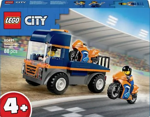 LEGO Motorradtransporter - 60491 - Entdecke den LEGO® City Motorradtransporter! Mit 3 Fahrzeugen, klobigen Reifen und einer coolen Farbkombination aus Blau und Orange. Lade die Motorräder auf und starte dein Abenteuer!