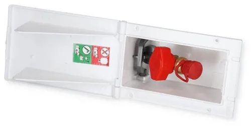 MPK Gasanschlussdose ohne Schloss, weiß - Wetterfeste Dose für den Wand-Einbau, ausgestattet mit einem Schnellschlussventil nach DVGW-Vorschrift. Ideal für den sicheren Anschluss bei 30 mbar und 50 mbar. Maße: 135 x 70 mm.
