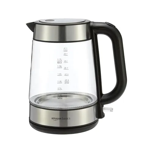 Amazon Basics Elektrischer Wasserkocher aus Glas, 1,7 l, 2200 W - Wasserkocher aus Glas und Stahl mit 1,7 l Kapazität und 2200 W Leistung für schnelles Erhitzen. Ideal für Tee, heiße Schokolade und mehr. Sicherheitsfunktionen wie automatische Abschaltung und Trockengehschutz.