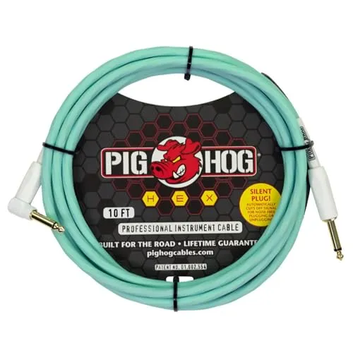 Pig Hog Hex Series Silent Kabel 3m Winkel Seafoam Green - Hochwertiges 3m Instrumentenkabel mit integriertem Schalter für signalunterbrechendes Ziehen. Mit patentierter spiralförmiger Ummantelung für verwicklungsfreies Handling und lebenslanger Garantie.