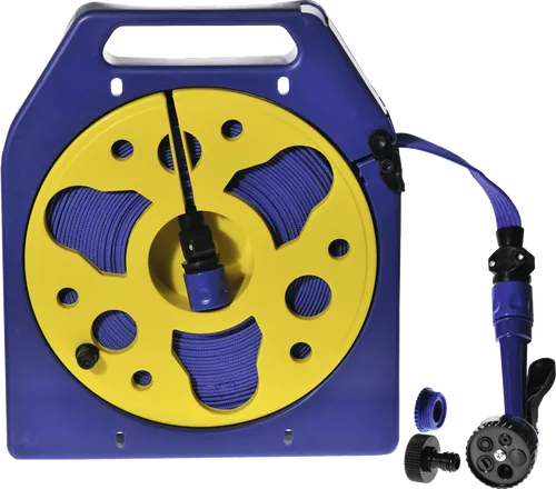 Yachticon Flachschlauch mit Schlauchbox 15 m - Rasenmäher-Ersatzteile, praktischer Flachschlauch in Blau, platzsparend und ideal für den einfachen Transport und die Aufbewahrung.