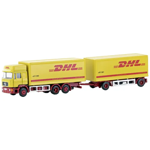 Minis by Lemke LC4607 N LKW Modell MAN F90 3-achs Koffer-Hängerzug DHL - Modellbahn Fahrzeuge, maßstabsgetreues Modell für Sammler, detailgetreue Nachbildung des MAN F90 Koffer-Hängerzugs, ideal für die Erweiterung Ihrer Modellbahnanlage.