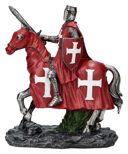 Figuren Shop GmbH Dekofigur Ritterfigur - Kreuzritter auf Pferd rot - Figuren & Skulpturen, beeindruckende mittelalterliche Dekofigur aus Kunststein, ideal für Sammler und als Geschenk, Höhe 21.5 cm.