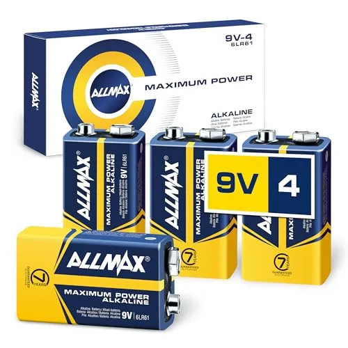 Allmax 9V Block (6LR61) Maximum Power Alkaline-Batterien (4 Stück) - Ultra-langlebig, 7 Jahre Haltbarkeit, auslaufsicheres Design - perfekt für Rauchmelder und kabellose Mikrofone (9 Volt)