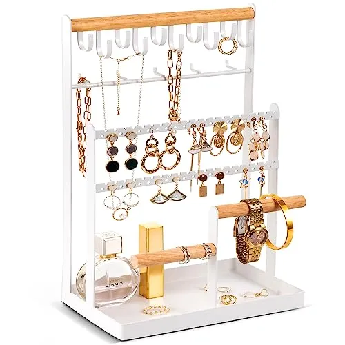 ProCase Schmuckständer Schmuckhalter für Ohrring Ohrstecker Ketten Schmuck Organizer Jewelry Ständer mit 15 Haken, 40 Löcher Ohrringhalter Schmuckaufbewahrung für Halsketten Armbänder Ringe -Weiß