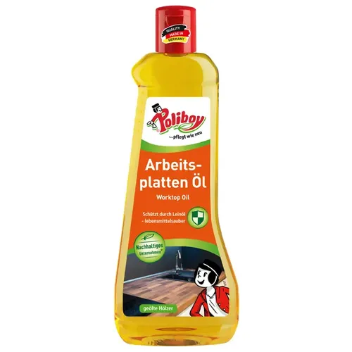 Poliboy Arbeitsplatten Öl 500 ml - Holzpflege für strapazierte Oberflächen, mit hochwertigen pflanzlichen Ölen für effektiven Schutz und allergikerfreundlich ohne Zusatzstoffe.