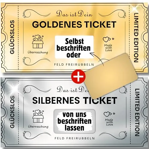 Gutscheine zum selber ausfüllen mit Rubbelaufkleber - Rubbelkarte zum beschriften -, Geburtstagskarte, Geburtstagsgeschenk, Reisegutschein, Goldenes Ticket, Silbernes Ticket, Personalisierbar