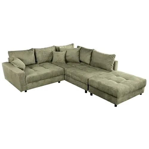 riess-ambiente Ecksofa KENT 220cm grün - Ecksofa aus Cord mit Federkern, flexibler Ottomane und Rücken echt bezogen für vielseitige Wohnraumgestaltung und maximalen Sitzkomfort.