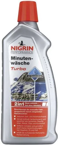 Nigrin 73877 Autoshampoo 1l - NIGRIN Performance Minutenwäsche: kraftvolle und schonende Reinigung für Ihr Fahrzeug. Der integrierte Glanztrockner reduziert den Nachpflegeaufwand und schützt Lack und Oberflächen. Phosphatfreie Rezeptur für gründliche Sauberkeit.